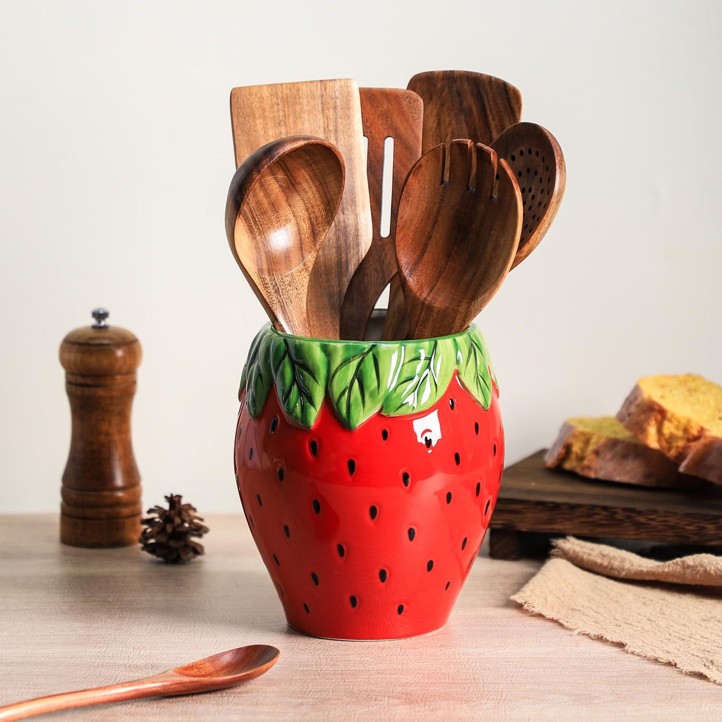 Bicuzat Strawberry Shaped Ceramic Kitchen Utensil Holder, Large Cooking Utensil Crocks for Kitchen Countertop, Ceramic Utensil Organizer for Spatula, Kitchen, Home Decoration-Retro Red