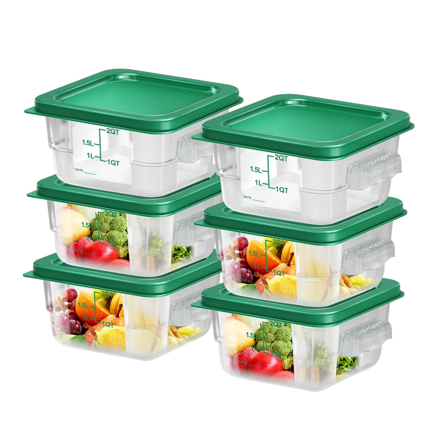 FeyBuosk 6 pcs 2qt Food Storage Containers with Lid, Square Clear Commercial Storage Containers with Handle and Scale for Food Storage in Home Kitchen & Dining (Green)