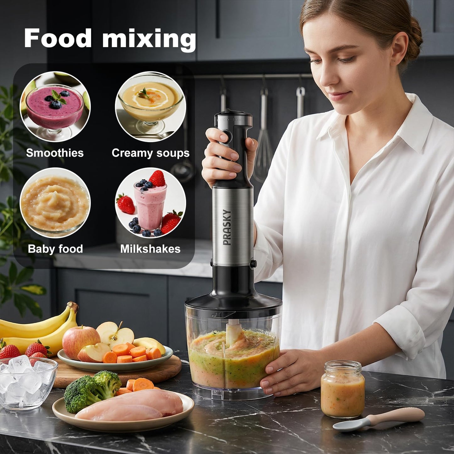 Immersion Blender Handheld 1200W, 20-speeds Immersion Hand Blenders, Hand Mixer with Mining Beaker,Chopper,Whisk, Frother and Stick Blender Suitable for Kitchen, Protein Shakes and Baby Food