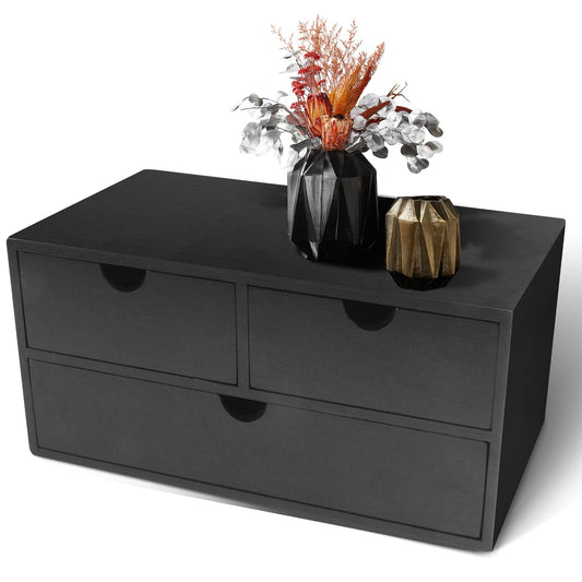 Charmewooden desk organizer with drawers countertop drawer organizer Tabletop Storage Organization Box Home Office Workspace Bathroom Toiletries Supplies (black)