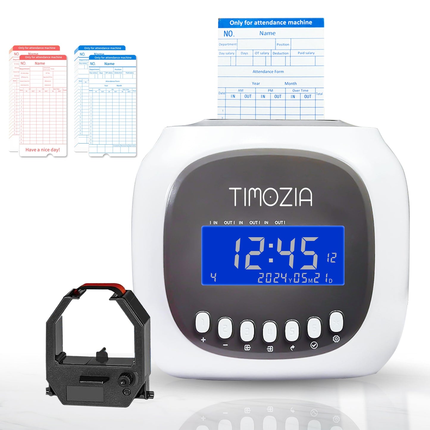 TIMOZIA Time Clocks for Employees Small Business, Auto-Align Time Clock, 6 Punches per Day Time Machine, Clock in Machine for Employees with Time Cards, 2 Ink Ribbons and White with 50 Cards
