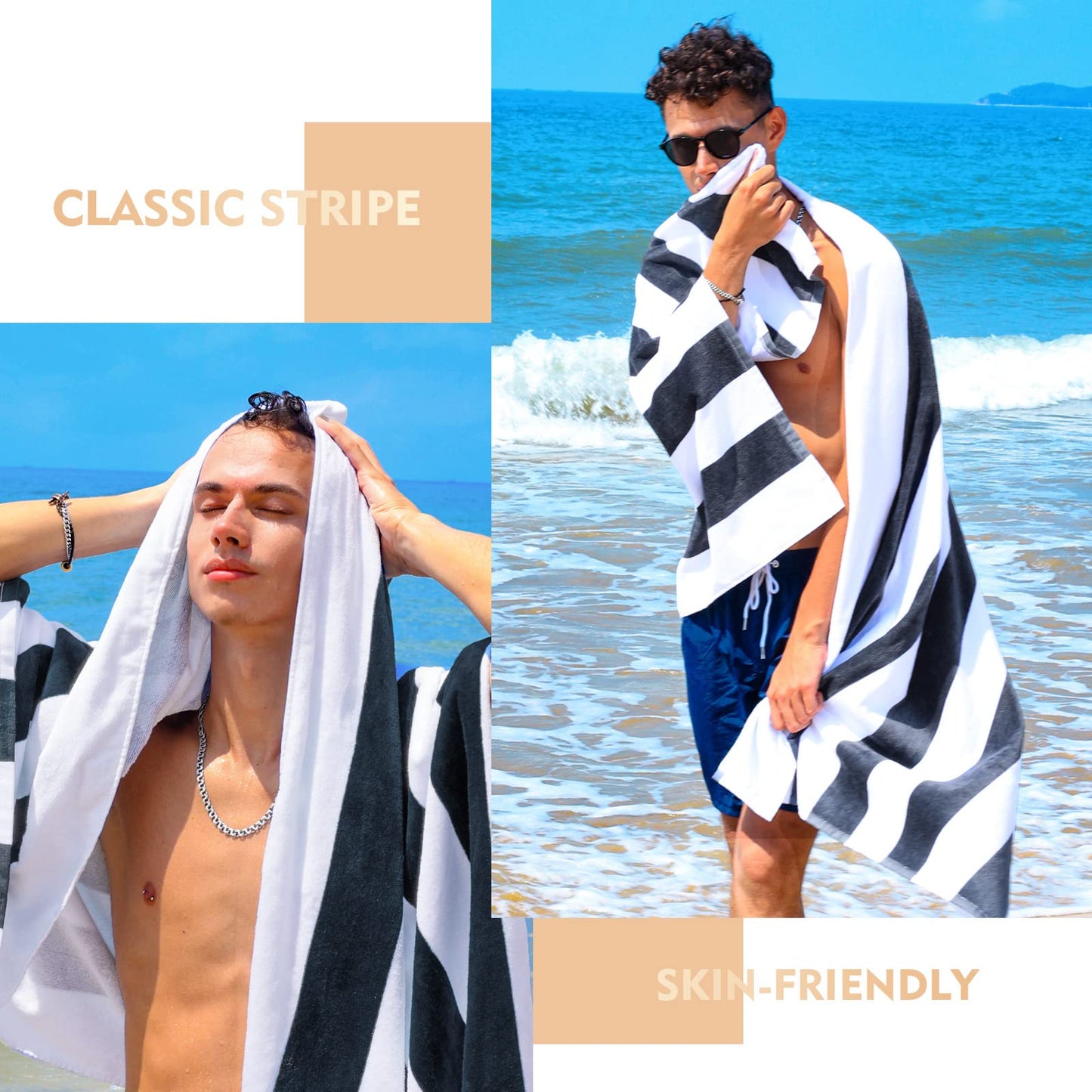 Exclusivo Mezcla 4 Pack Cotton Oversized 35x70 Inches Soft Cabana Stripe Thick Beach Towel, Super Absorbent Travel Bath Pool Towel (Charcoal Grey)