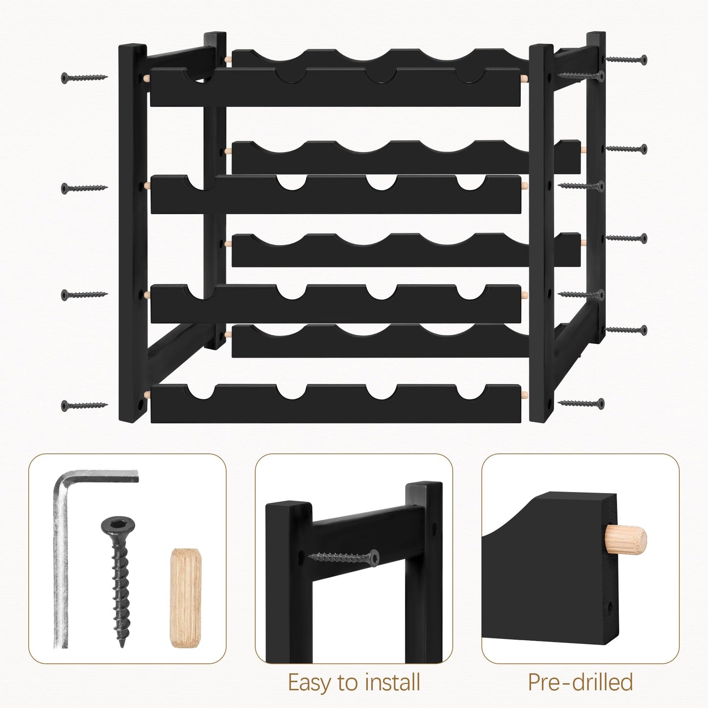 VASMIA Wine Rack, 4-Tier Bamboo Wine Racks Countertop,Sturdy and Durable Wine Storage Cabinet Shelf,16 Bottles Wine Holder for Kitchen Pantry, Black