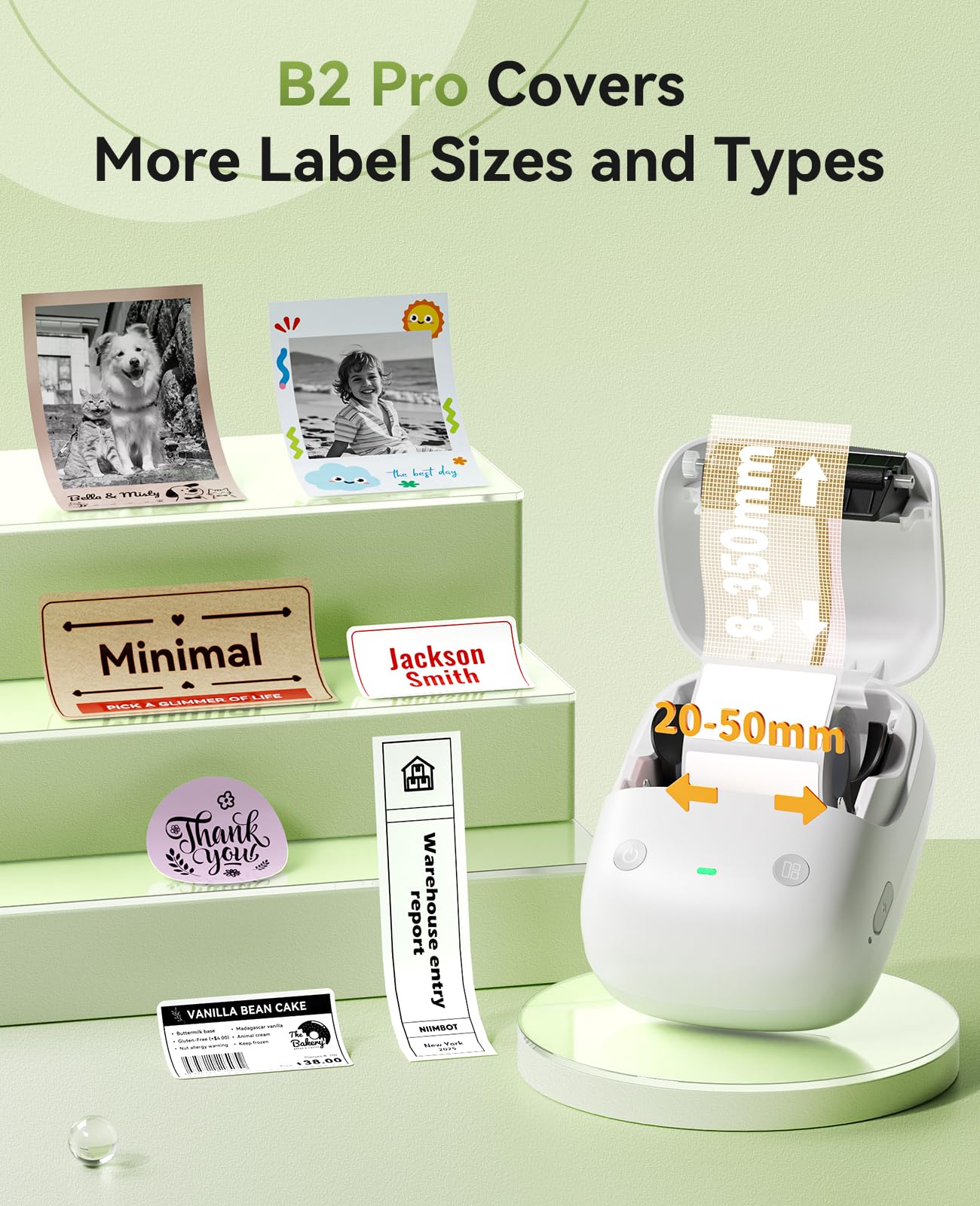 NIIMBOT B2 PRO Label Maker Machine, 300DPI HD Thermal Photo Label Printer, Support Red -Black Dual Color Printing, Sticker Printer for Home, Business and Office, Came with 1 Roll Label,Green