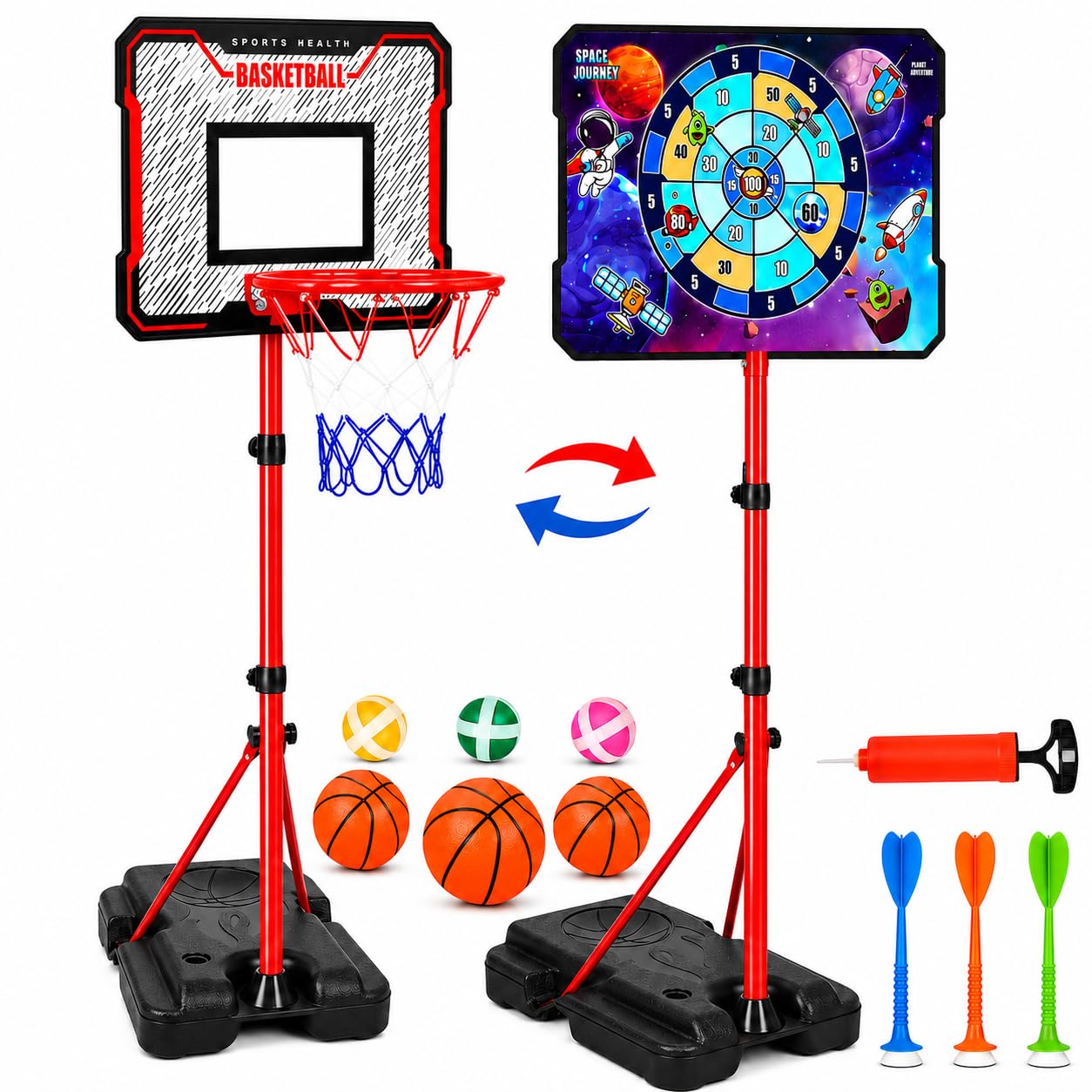 MinoSkia 3-in-1 Kids Basketball Hoop with Dart Game, Height Adjustable 3.5-6.2FT Indoor Outdoor Portable Kids Basketball Hoop for Boys & Girls Ages 3-8, Includes Pump & Balls, Space Theme Dart Board