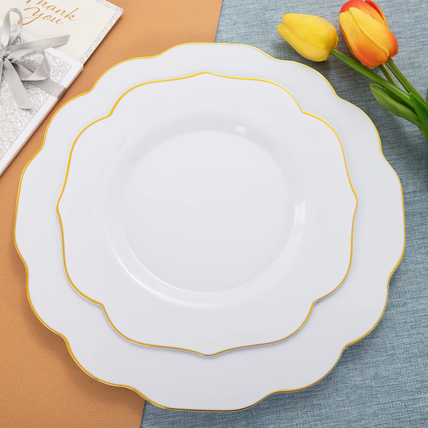 NOCCUR 120PCS Gold Plastic Plates Disposable for 60 Guests - Include 60 Dinner / 60 Dessert Plates Heavy Duty for Wedding&Party