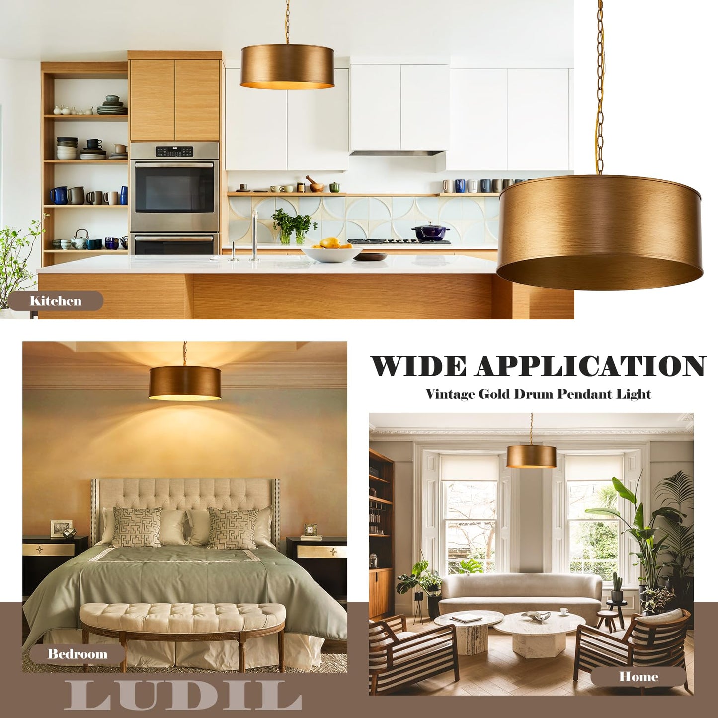 21" Vintage Metal Drum Chandelier, 4-Light E26 Industrial Adjustable Chain Hanging Pendant Light Fixtures for Foyer Entryway Kitchen Bedroom, Golden Bronze Finish
