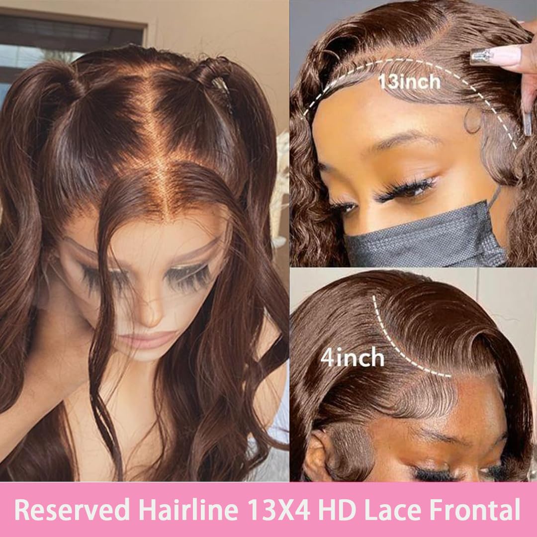 Kkioor Chocolate Brown Lace Front Wig Human Hair 13x4 Body Wave Lace Front Wigs for Women 180% Density Glueless Wigs Human Hair pre Plucked with Baby Hair 34 Inch