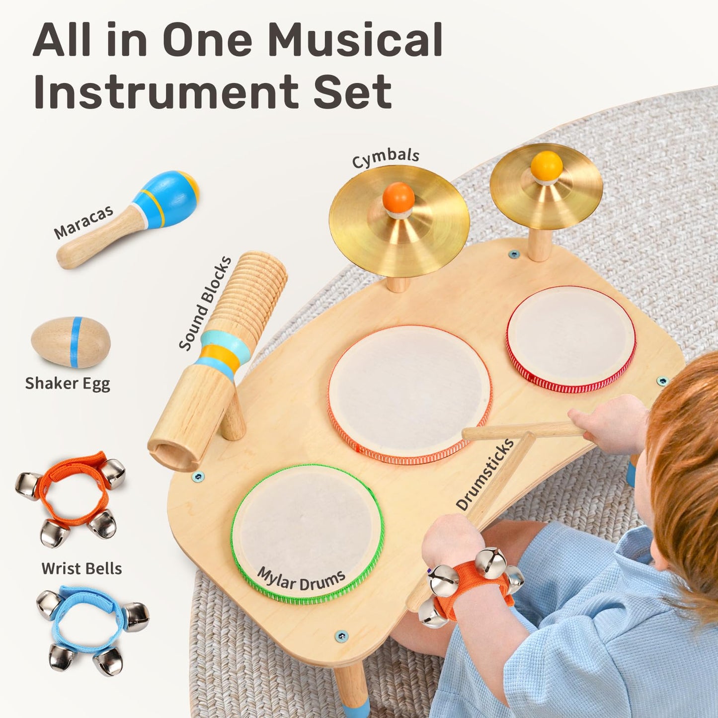 WINGYZ 11-in-1 Kids Drum Set – Montessori Baby Musical Toys & Wooden Musical Instruments for Toddlers 1-3, Music Table with Bongo Drums, Cymbals, Maracas & Wrist Bells for Early Rhythm Play