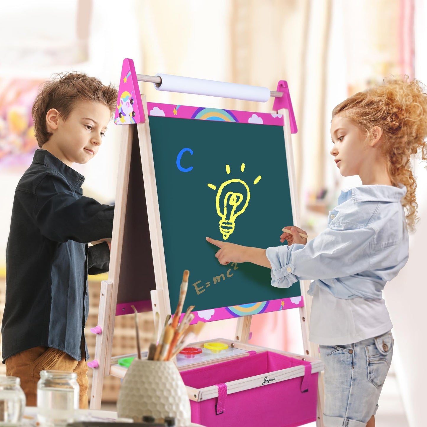 Joyooss Art Easel for Kids, Adjustable Standing Wooden Toddler Kids Easel Double Sided Drawing Board Whiteboard & Chalkboard Dry Easel Board, Art Easel for Kids Age 4-8 9-12 Painting Set