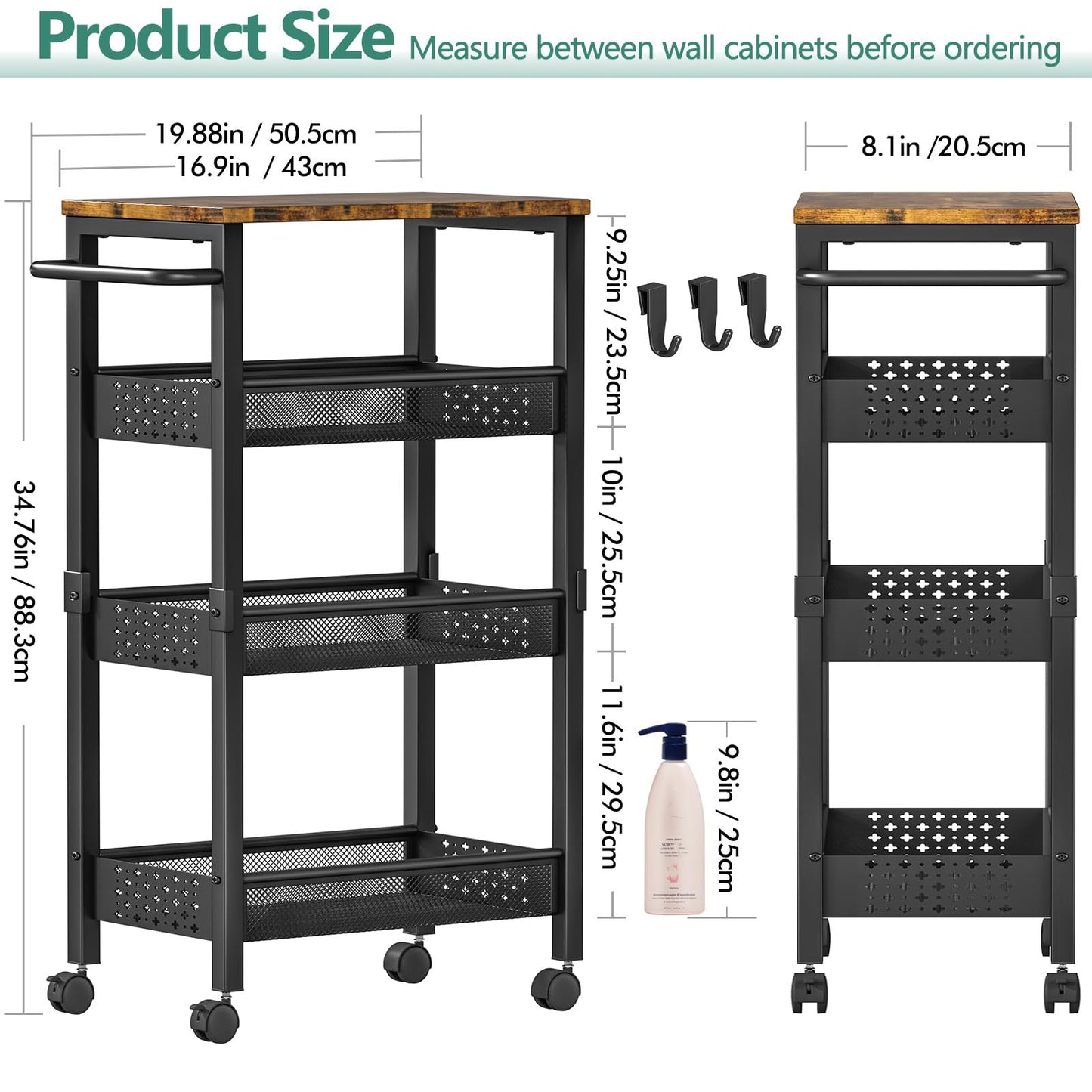 Vivihomety Utility Slim Storage Cart with Wheels, 4-Tier Narrow Rolling Organizer Shelf with Wood Top, Metal Storage Rack and Space-Saving Organizer for Bathroom, Kitchen, Laundry Room, Small Spaces