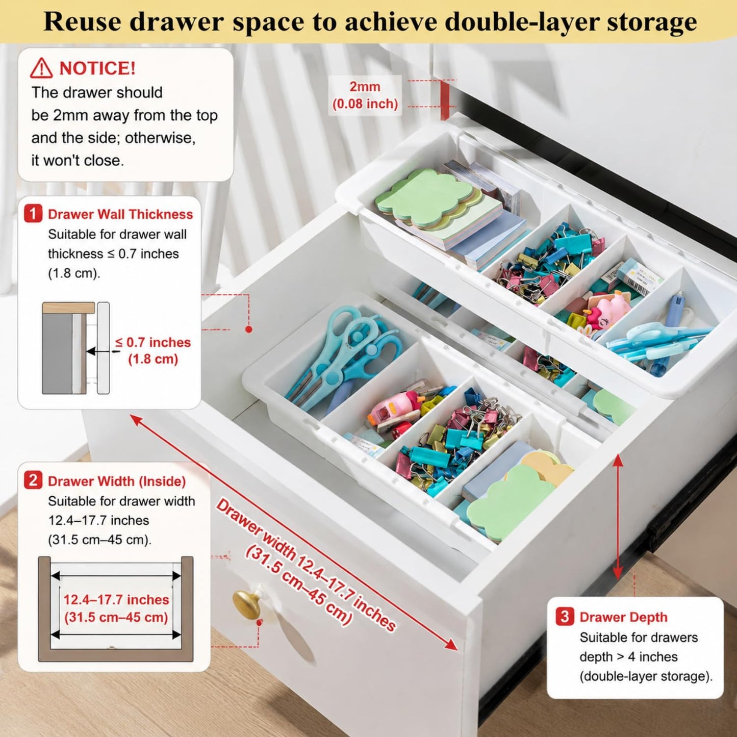 BrightRow 3 Pcs Expandable Drawer Organizer Bins Adjustable Deep Drawer Hanging Organizer Tray Expandable 11.4 to 18.1 Inches Plastic Dividers Storage for Office Bathroom Bedroom Kitchen Desk, White