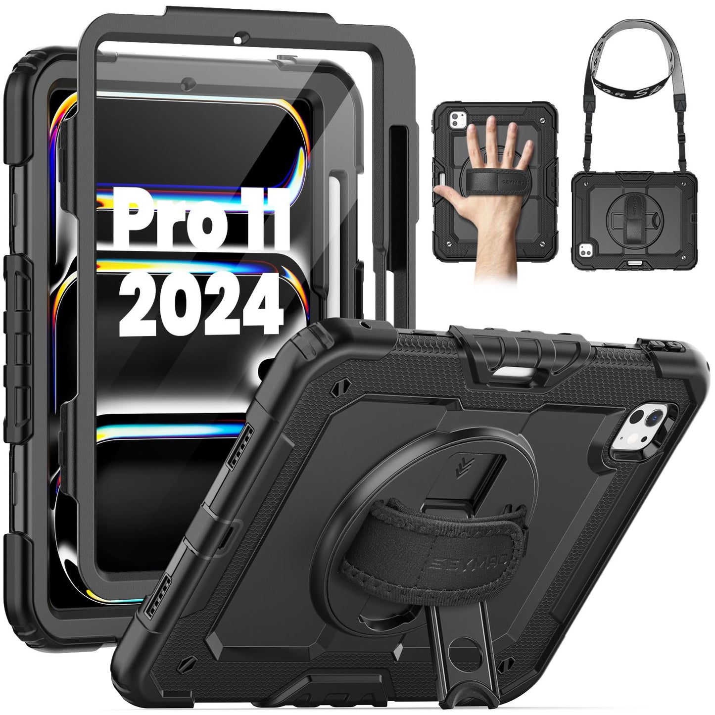 SEYMAC for iPad Pro 11 Inch Case 2024 (M4), Heavy Duty Shockproof Protective Case with Screen Protector, 360° Rotating Stand, Hand/Shoulder Strap and Pen Holder for iPad Pro 11 2024, Black