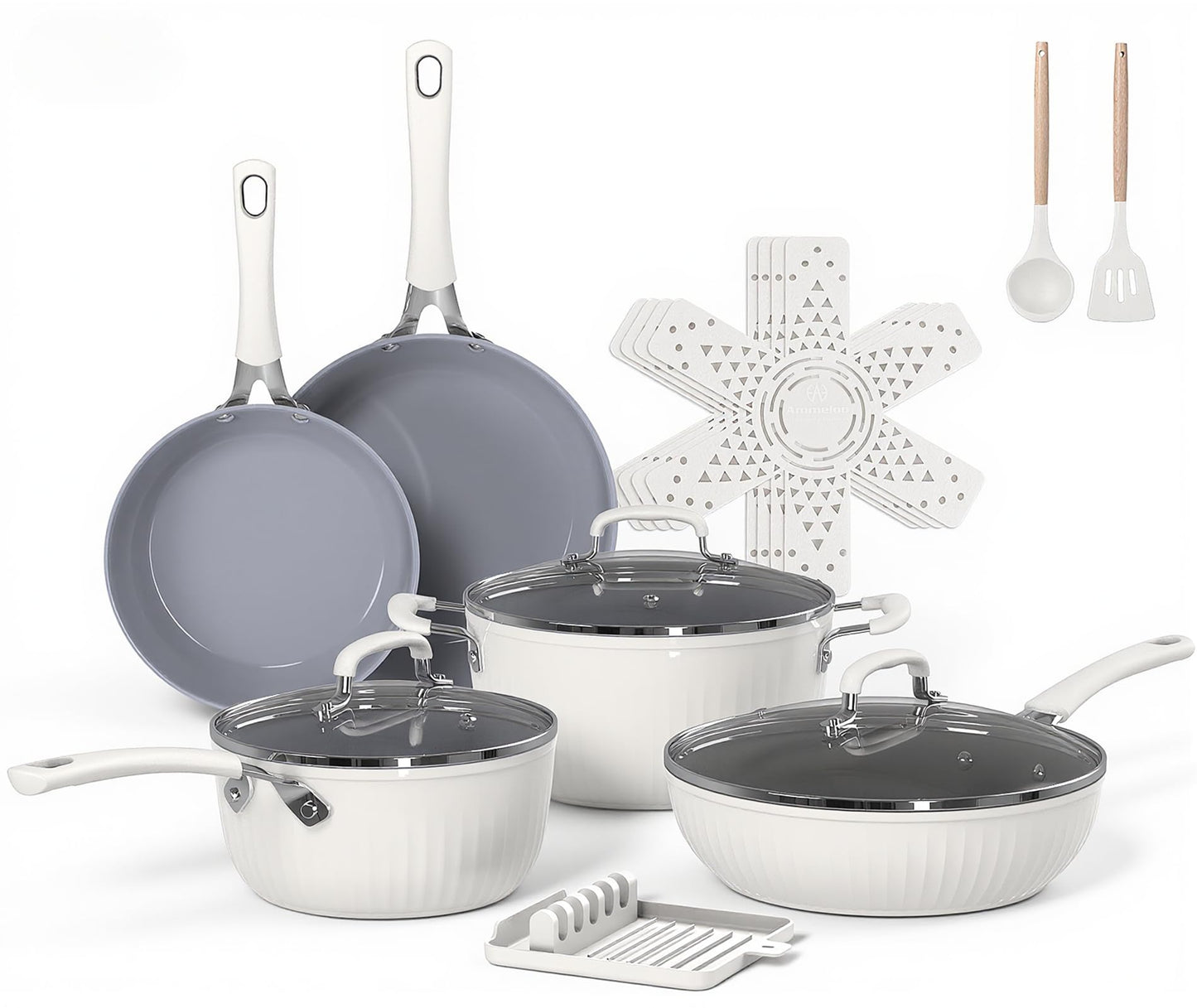 Ammeloo 15-Piece Ribbed Ceramic Cookware Set, Pots and Pans Set Non Stick, Induction Ready, Healthy Non Toxic Kitchen Cooking Set PFAS/PFOA/PTFE-Free, Silicone-wrapped Stay-Cool Handle