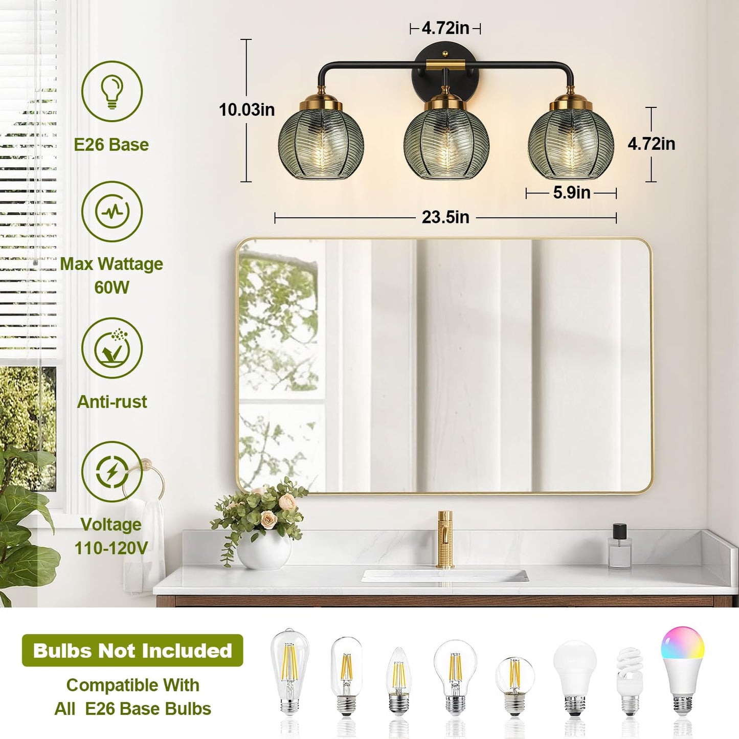 MOKATNG Bathroom Light Fixtures, 3-Light Green Vanity Lights with Unique Leaf Texture Glass Shade, Modern Matte Black and Gold Bathroom Wall Lamp for Mirror Hallway Cabinet Living Room