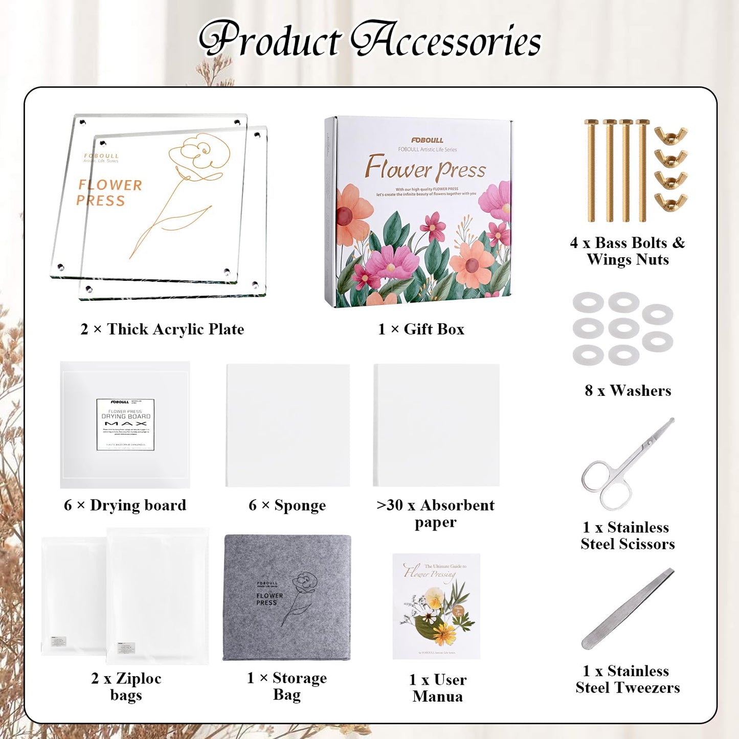 Foboull 10" x 10" Acrylic Flower Pressing Kit with Storage Bag and Detailed Instructions, Gift Flower Pressing Kit for Adults, DIY Plant Preservation