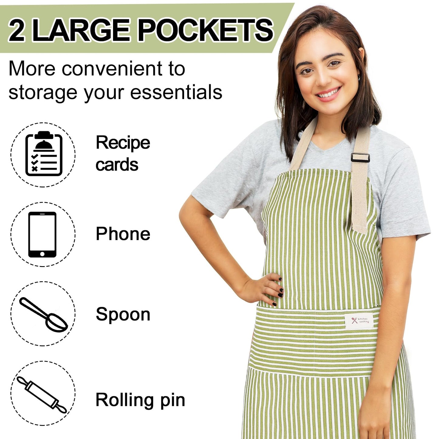 Janmercy 24 Pcs Aprons for Women Men with 2 Pockets Linen Cooking Kitchen Apron Adjustable Bib Chef Apron Bulk Aprons Unisex(Brown/green,Thin Stripes)