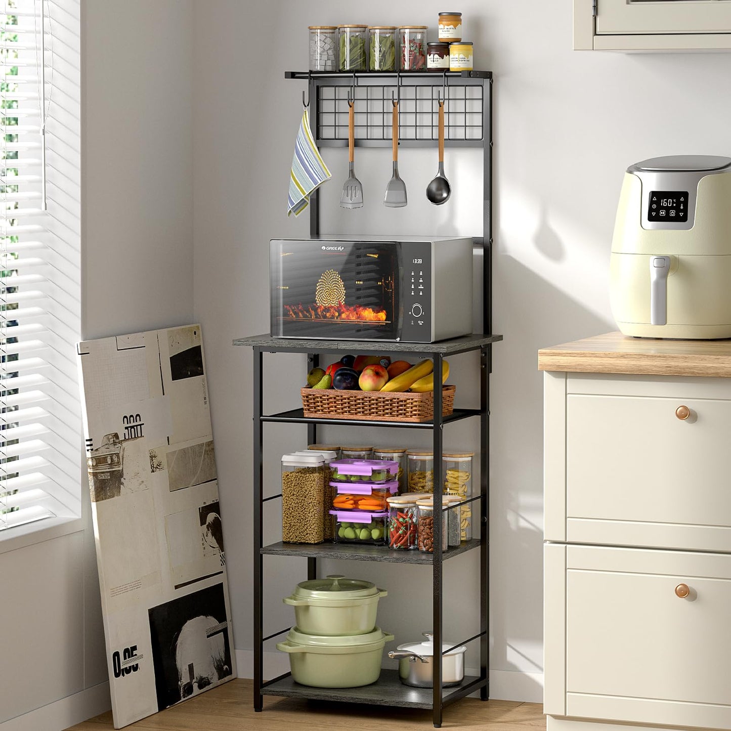 5 Tier Coffee Bar Station, Kitchen Stand with 4 S-Shaped Hooks, Farmhouse Corner Coffee Bar for Small Spaces, Bakers Rack for Kitchen, Entryway, Living Room, 13.43"D x 18.93"W x 53.31"H,Gray