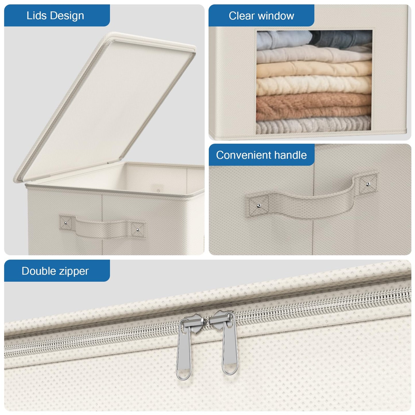 Zilink Fabric Storage Bins with Lid 4-Pack Stackable Cloth Storage Bins Sweater Organizer with Zipper & Clear Window Closet Organizers and Storage Box for Home, Office, Bedroom (Beige,17" x 12" x 12")