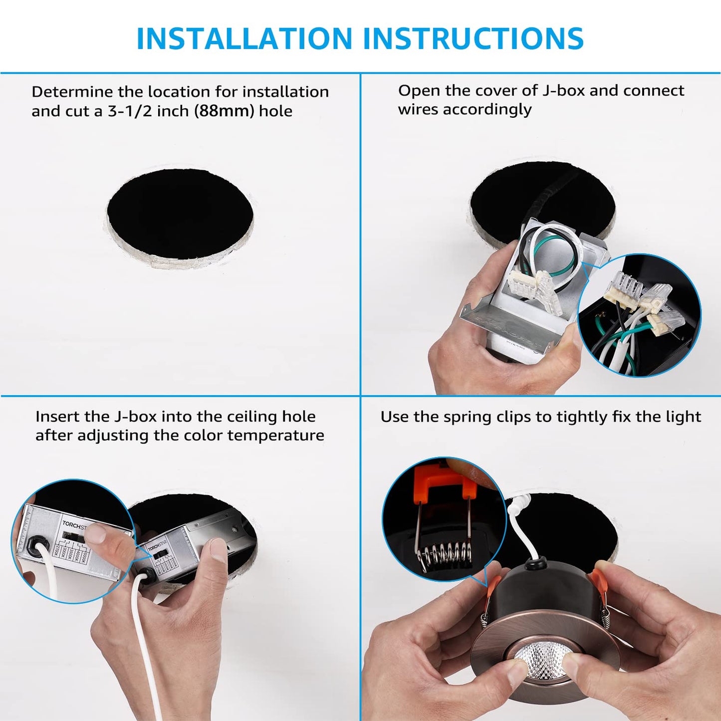 TORCHSTAR 5CCT 3 Inch Gimbal LED Recessed Light, CRI90+ Dimmable Swivel Adjustable Eyeball Downlight, Airtight IC, 2700K3000K3500K4000K5000K, Canless LED Ceiling Light, Oil Rubbed, Pack of 6