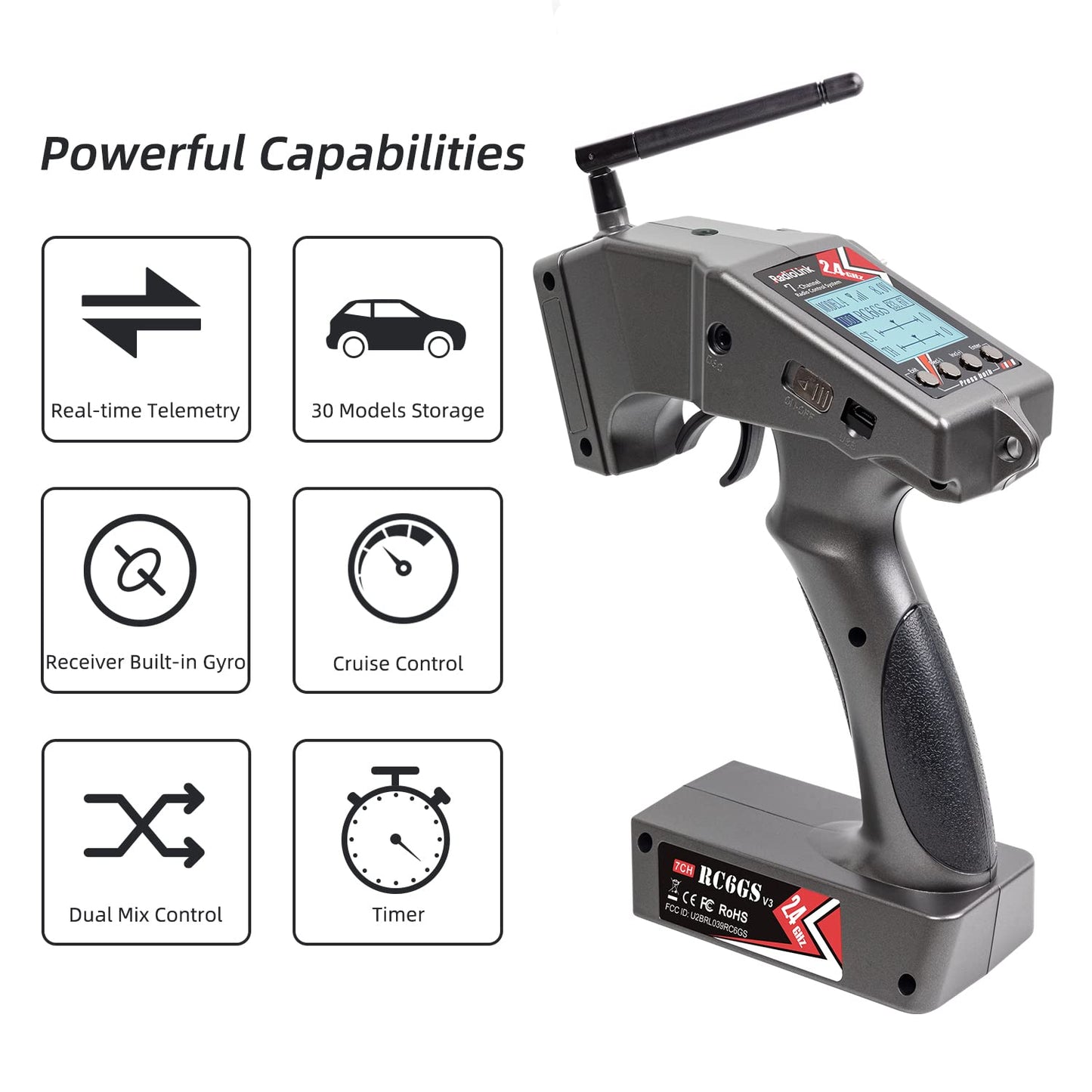 Radiolink RC6GS V3 New 7 Channels RC Transmitter and Gyro Receiver R7FG, Voltage Telemetry, 2.4Ghz Surface Radio Controller for RC Crawler, Drifting, Bash, Buggy Cars, and Boats