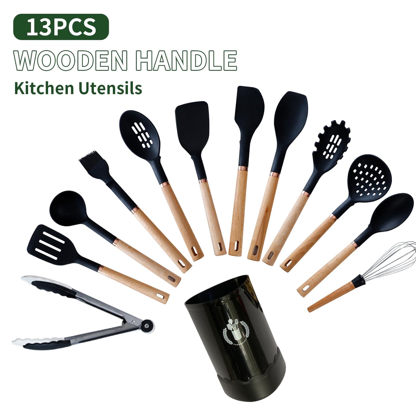 Jiufei Home Silicone Cooking Utensils Set, Kitchen Utensils Set 13 Pcs for cooking, BPA Free Spatula Set with Heat Resistant Wood Handles for Nonstick Cookware (Black)