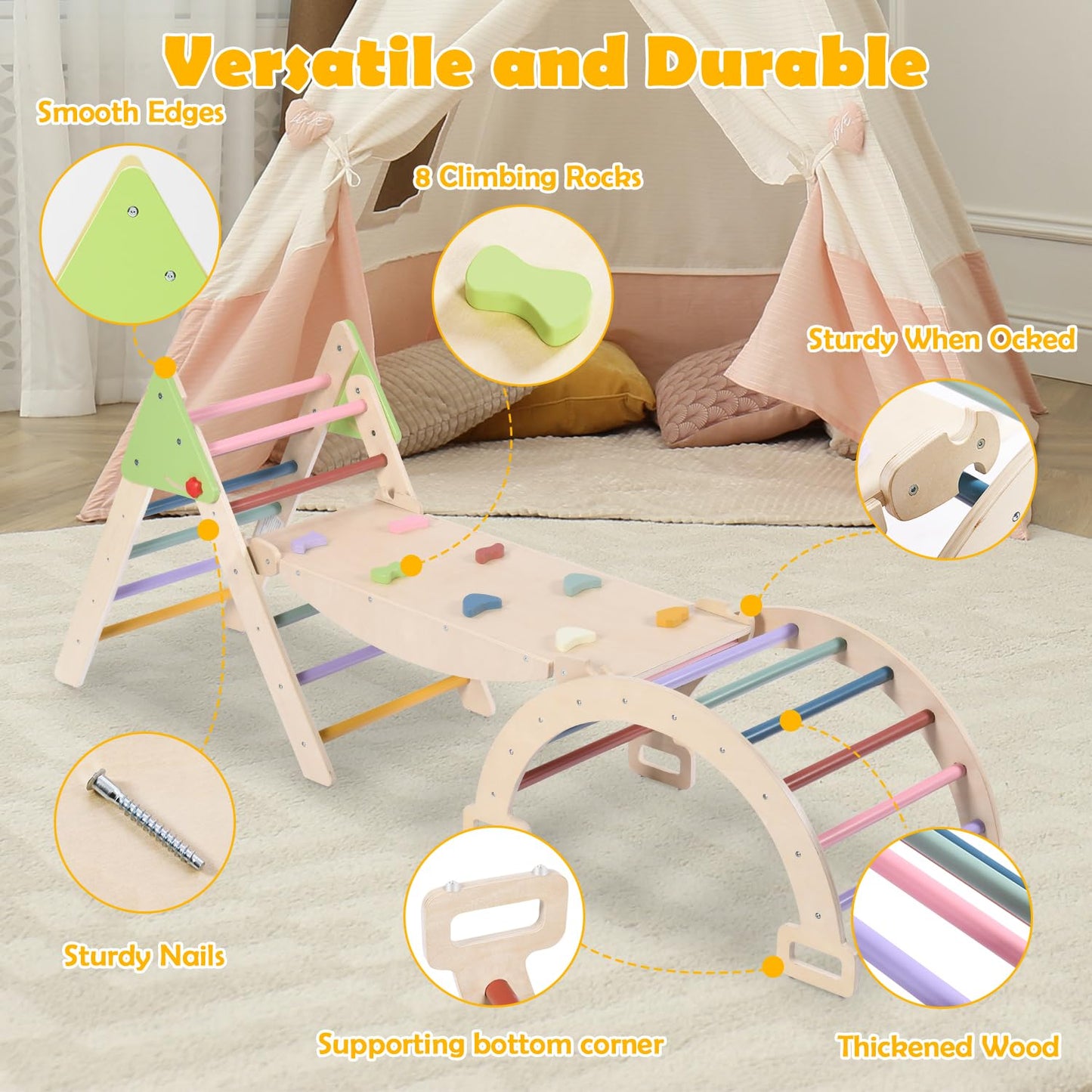 7 in 1 Wooden Pikler Triangle Set, Foldable Indoor Toddler Climbing Toys, Montessori Climbing Set for Children with Arch, Ramp, Ladder, Jungle Gyms for Kids, Baby Sensory Toys
