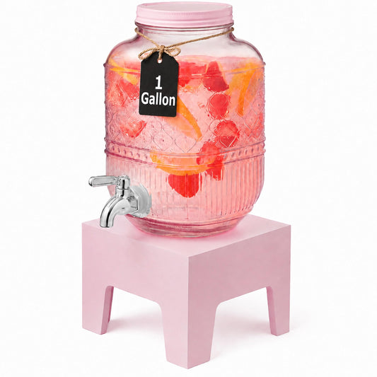 Beverage Dispenser 1 Gallon, Glass Drink Dispenser with Wooden Base Stand, Wide Mouth Jar for Lemonade, Iced Tea, Infused Water, Vintage Kitchen Decor - Pink