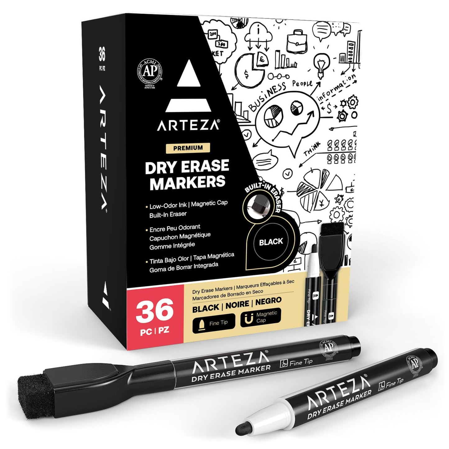 ARTEZA Black Dry Erase Markers with Erasers – Pack of 36 Magnetic Fine Tip Whiteboard Pens with Low-Odor Ink for Office & Home Use