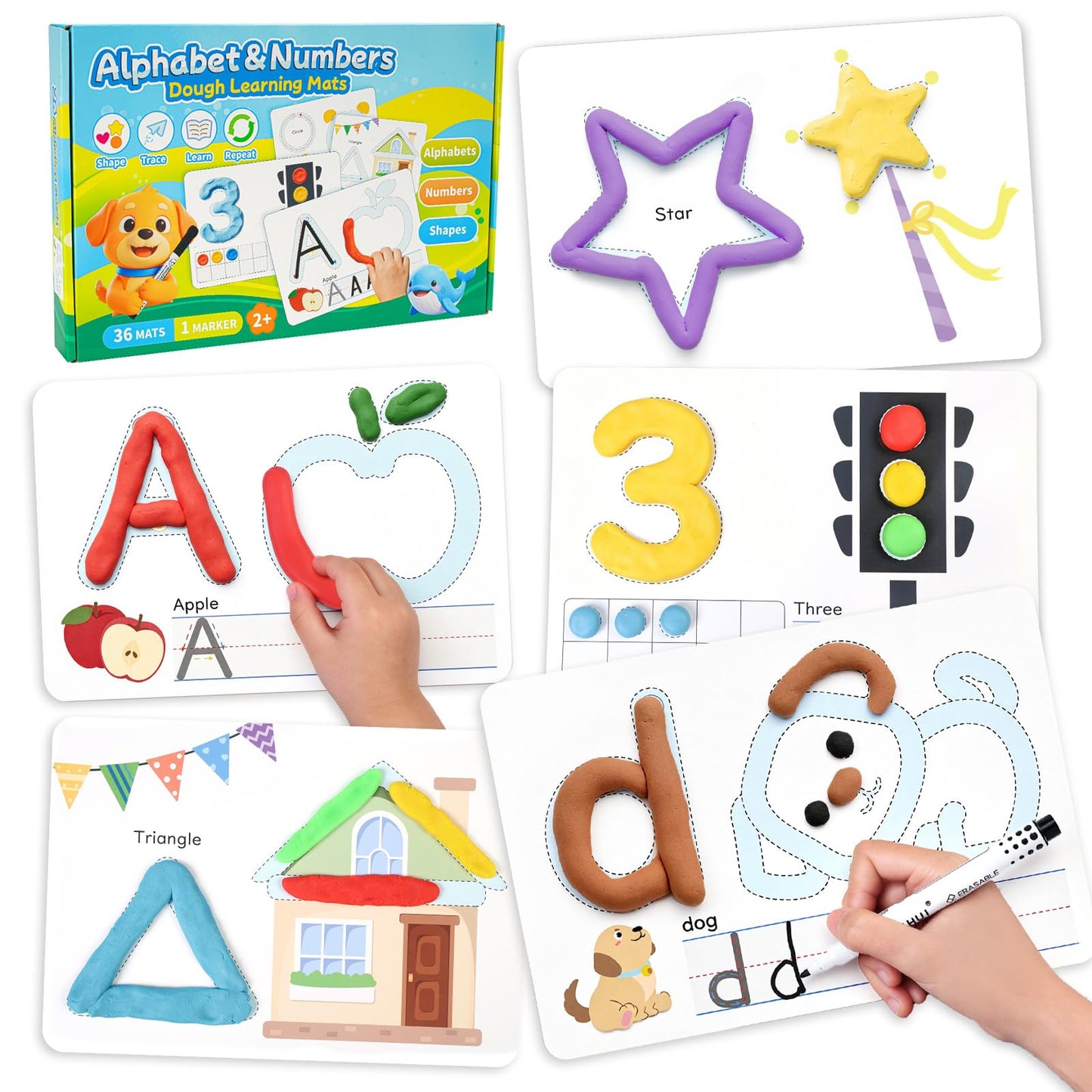 Crelloci Alphabet & Number Color Dough Mats for Kids 3+ – Double-Sided ABC Cards with Shapes, Write & Wipe Learning Set, Reusable Educational Preschool Toy with Marker