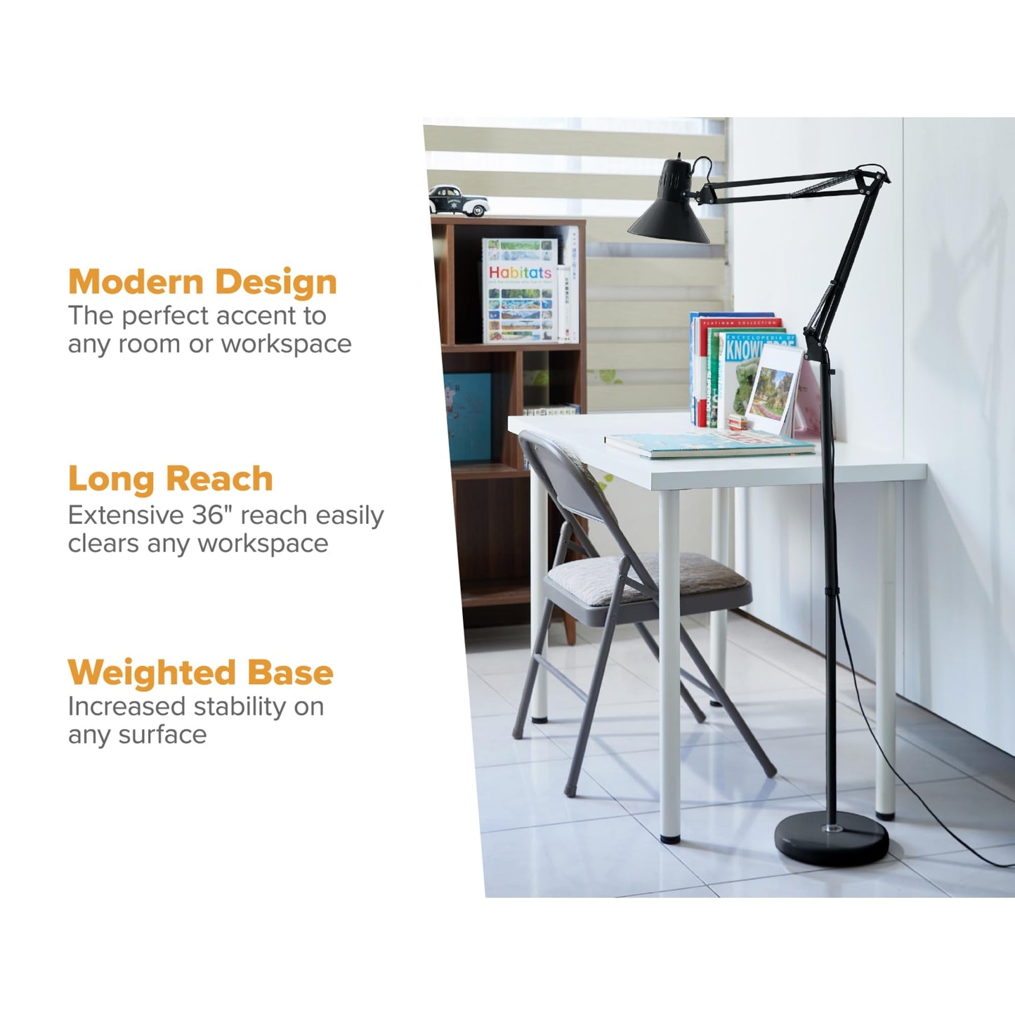Bostitch Office VLF100F Swing Arm Metal Floor Lamp, 72" Tall with Multi-Joint Adjustment, Includes Replaceable LED Bulb (VLF), Black