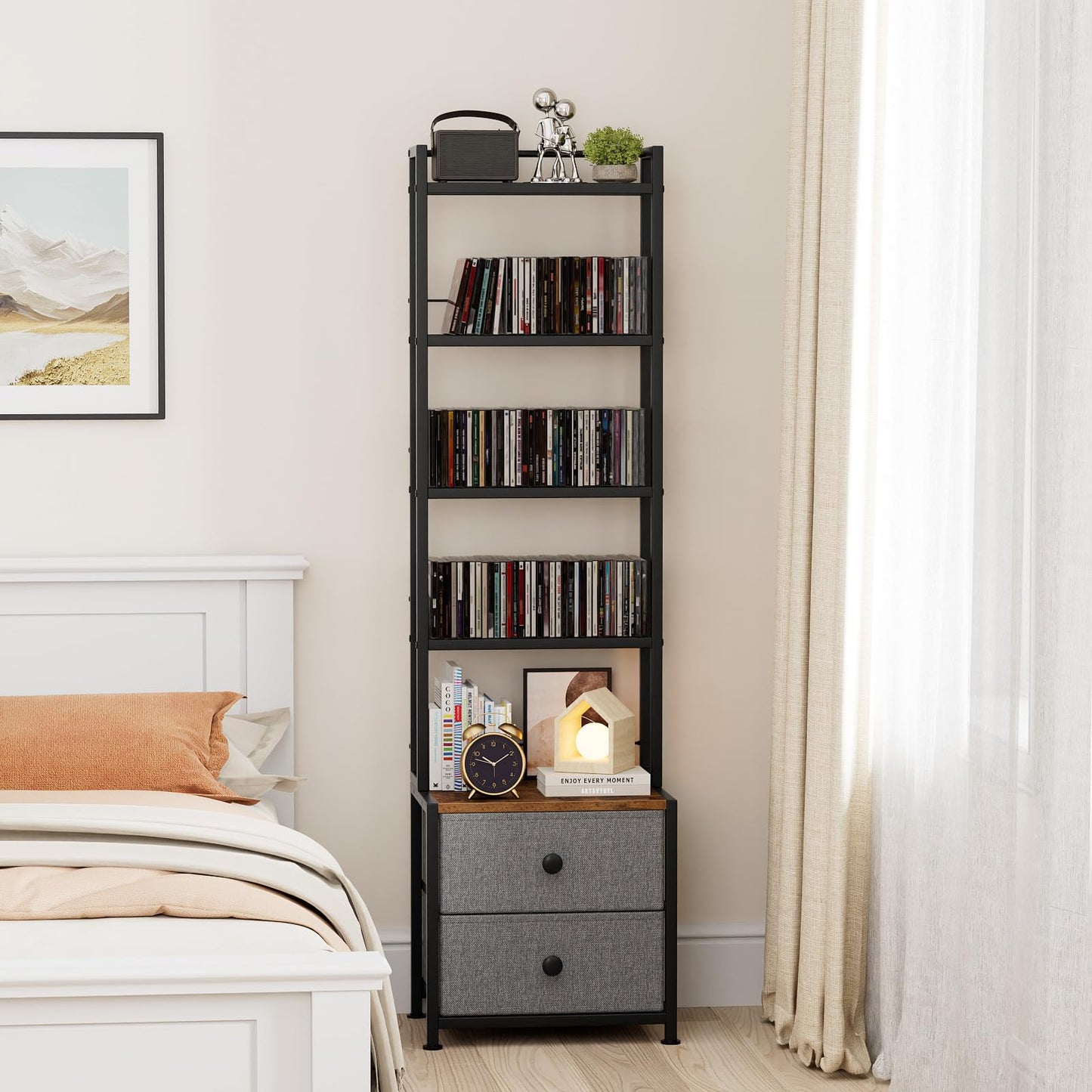 Epouseter CD Storage Rack with Drawer, 5-Tier DVD Organizer Shelf w/Adjustable Book Stoppers, Media Storage Rack for CD/DVD, Books & Games, Ideal for Living Room & Home Office – 15.7x11.8x56.5Inches