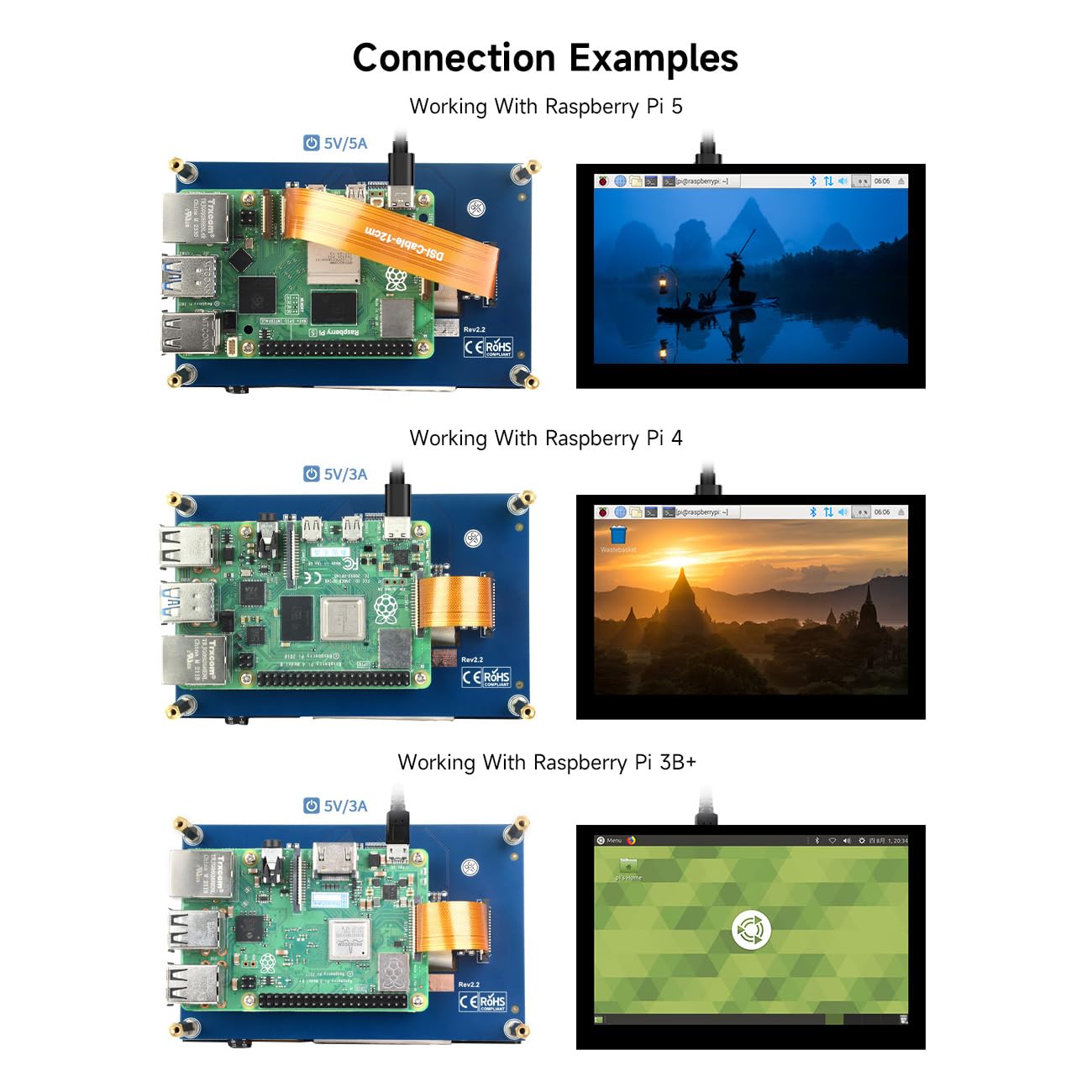 waveshare 5inch Capacitive Touch Display Compatible with Raspberry Pi 5/4B/3B+/3A+/3B/2B/B+/A+/CM3/3+/4 800×480 Resolution DSI Interface