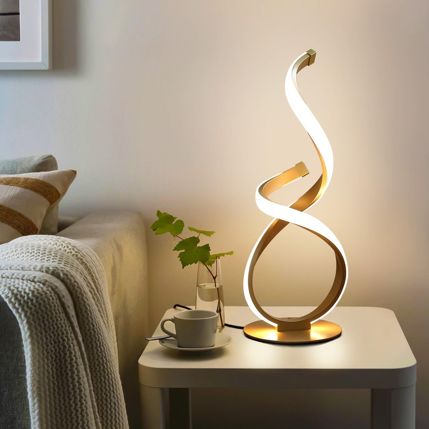 JIOODICH. Bedside Table Lamp, LED Touch Dimmable Spiral Desk Lamp for Night Stands, 3 Color Temperature Modern Nightstand Light, Unique Side Light for Living Room, Bedroom, Gold