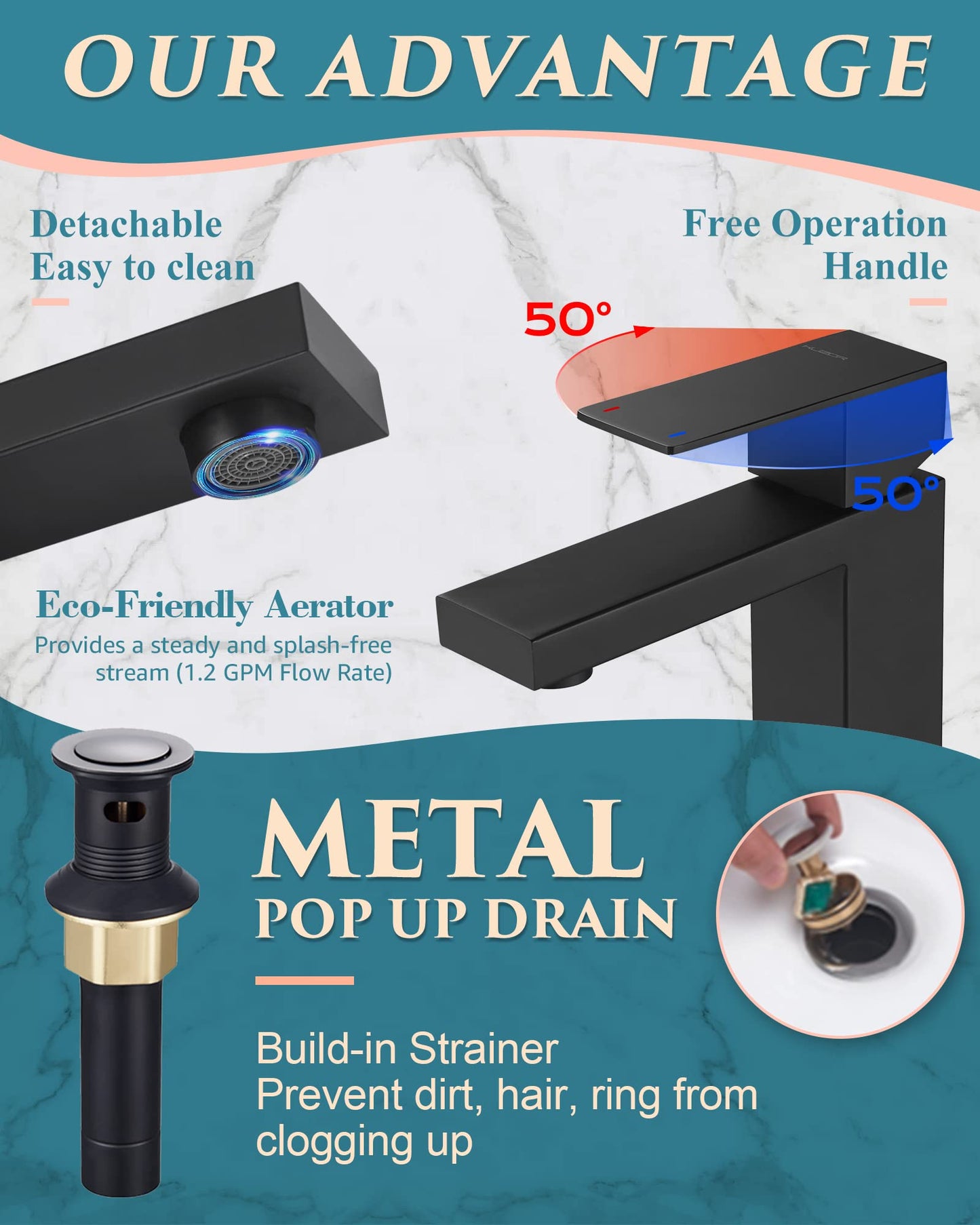 KUZOR Matte Black Bathroom Faucet Single Hole, 304 Stainless Steel One Handle Bathroom Sink Faucet with Metal Pop Up Drain, for Modern Bath/Vanity - 6.69 Inch Height