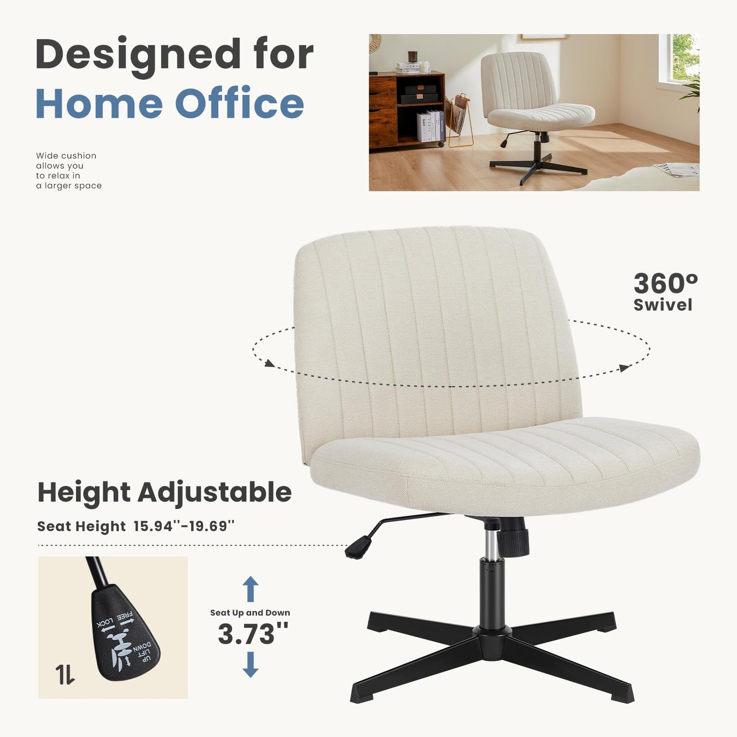 DUMOS Criss Cross Chair No Wheels Legged Office Wide Comfy Desk Vanity Chair, Armless Computer Task Seating, Swivel Home Height Adjustable for Bedroom, Study, Beige Fabric