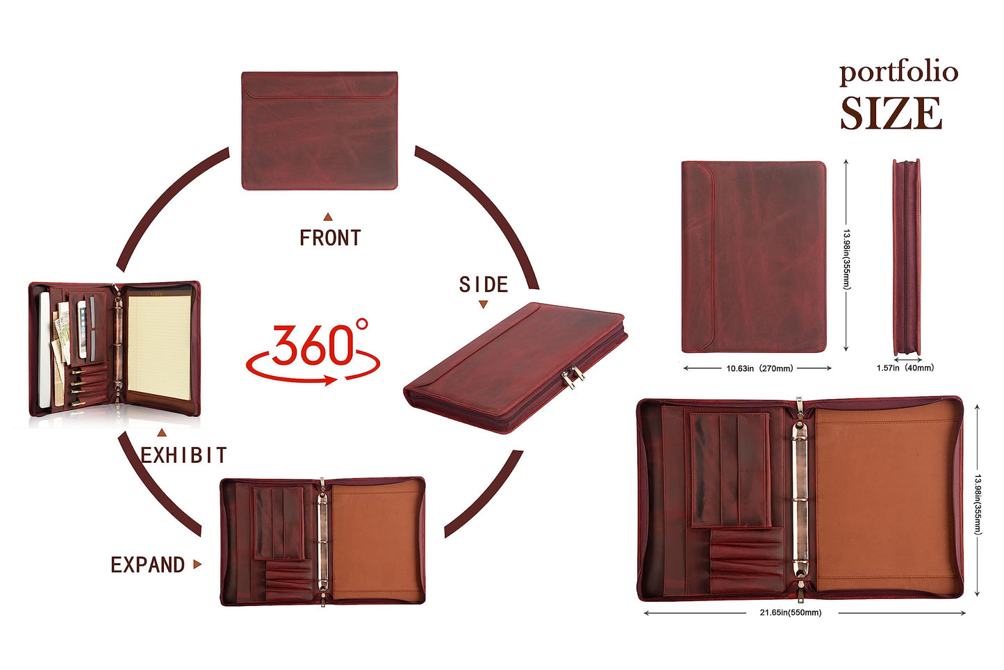 AZXCG Leather Portfolio Organizer, 3 Ring Binder Padfolio Folder, Resume Zippered Folio for A4/Letter Size Notepad, Business Binder Portfolio with Zipper for 13" Laptop, Gift for Women, Red