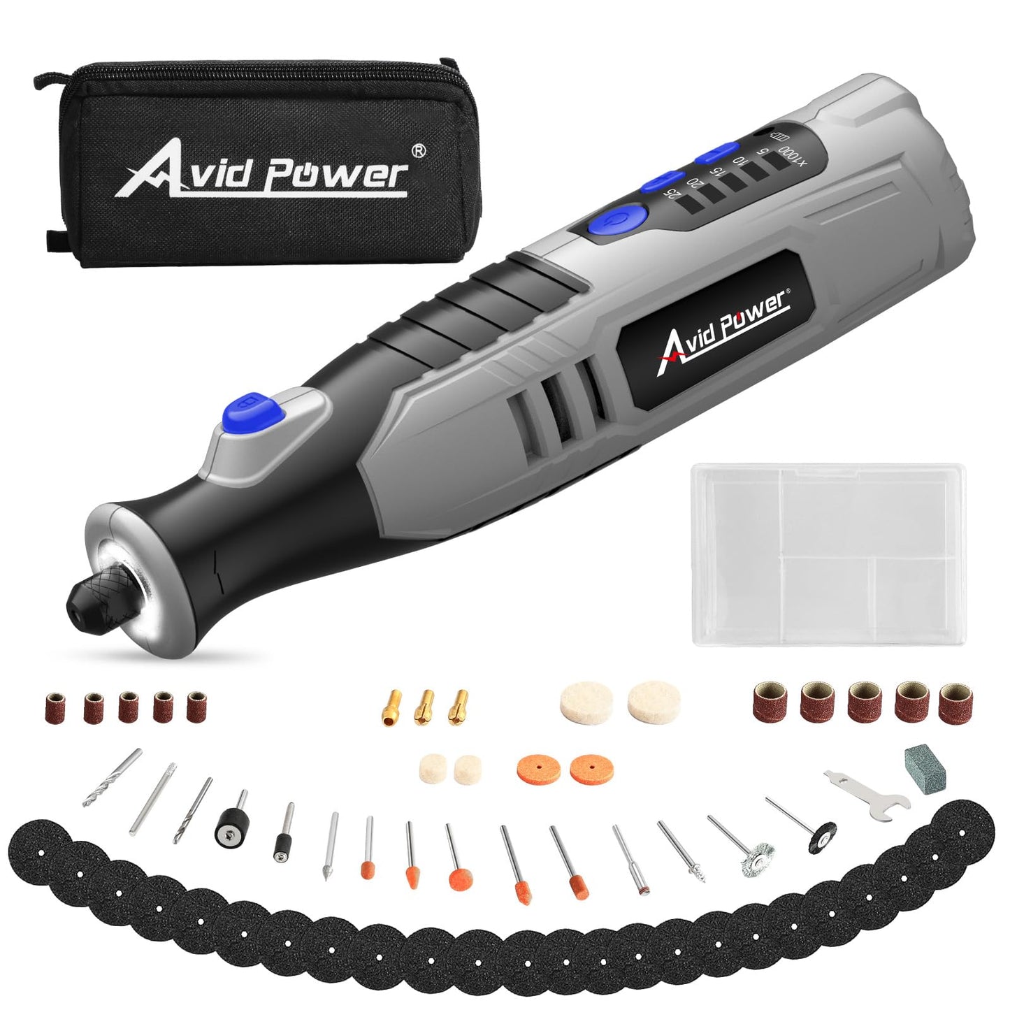 AVID POWER Cordless Rotary Tool 2.0 Ah 8V Rechargeable Rotary Tool, 4 Front LED Lights, 5 Speeds, 60 Pcs Rotary Accessories with Bag for Carving, Engraving, Sandng, Polishing and Cutting - Grey