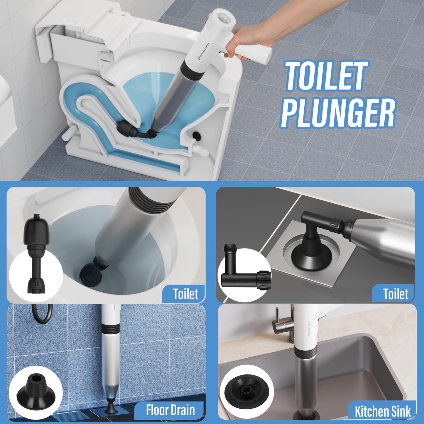 Puniarmu Electric Toilet Plunger,Unclog In One Shot,Remover For Bathroom,Kitchen Pipes Clog,High Pressure Air Plungers For Bathroom Heavy Duty (White)
