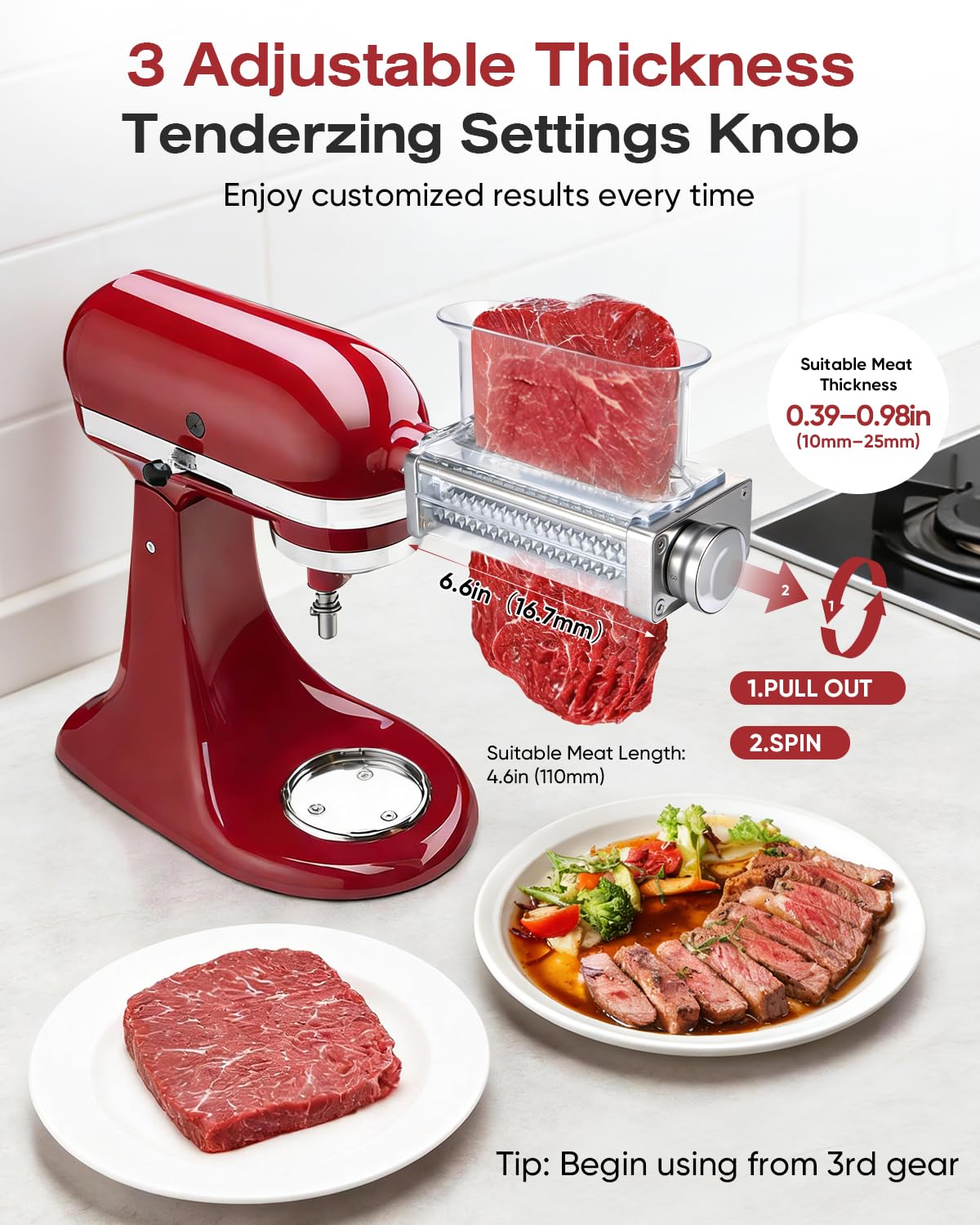 Adjustable Meat Tenderizer Attachment for KitchenAid Stand Mixers 3 Thickness Settings Tenderizer Machine with Wide Metal Wheel & Tall Chute Meat Tenderizer Tool (meat tenderizer)