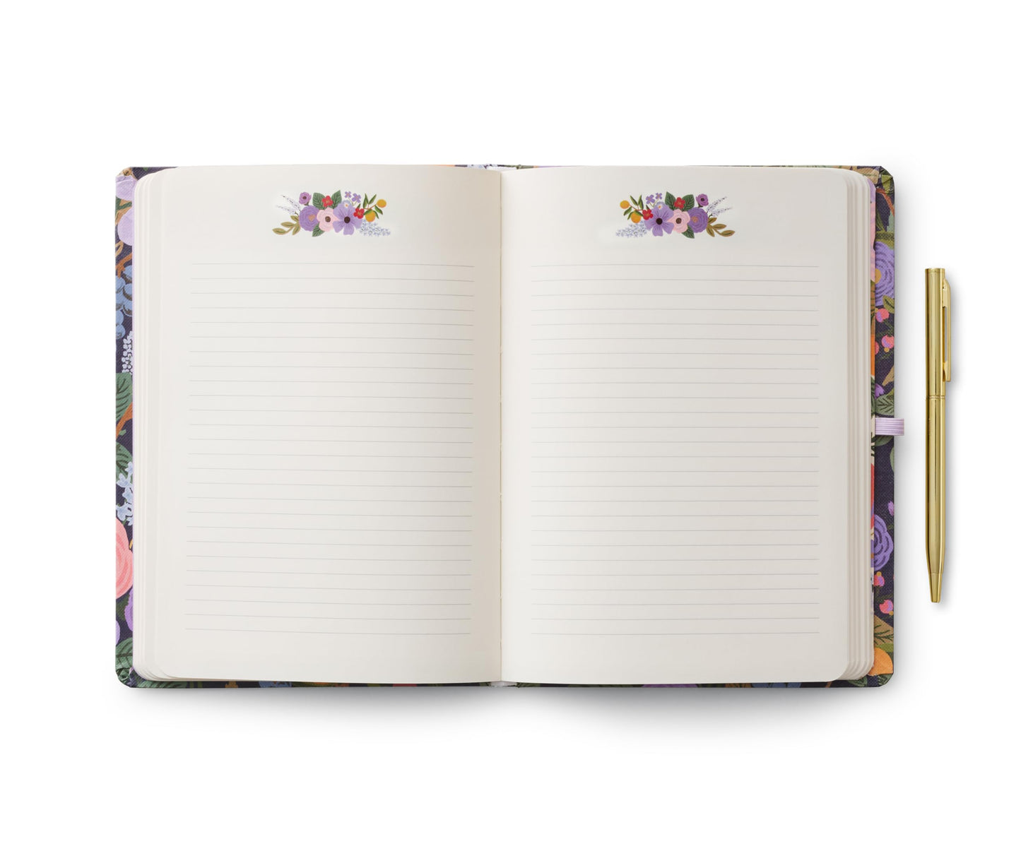 RIFLE PAPER CO. Journal with Pen | Hardcover Notebook with Foil Accents, Paper-Wrapped Grayboard, (144 Pages, Elastic Band Closure, Pocket for Extra Storage), Violet Garden Party