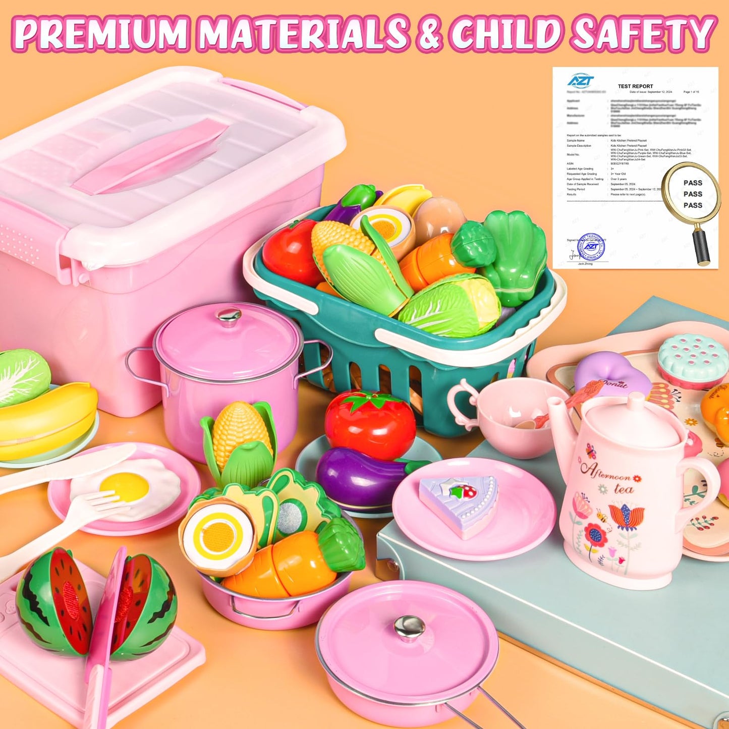Aojieni 140Pcs Kids Kitchen Accessories, Pretend Play Food Tea Party Set, Toy Kitchen Kids Cooking Real with Apron & Chef Hat, Utensils Cookware Pots & Pans, Toy Organizer, Toddler Toys Gift