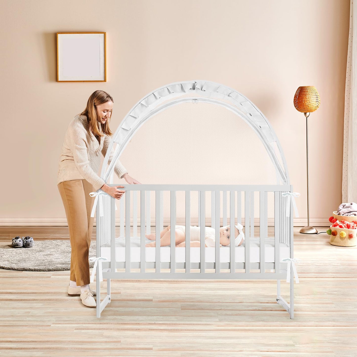 Crib Tent to Keep Baby from Climbing Out, Crib Net to Keep Baby in - Mesh Climbing Prevention, Pop Up Tent with Two-Way Self-Locking Metal Zipper (White, Large)