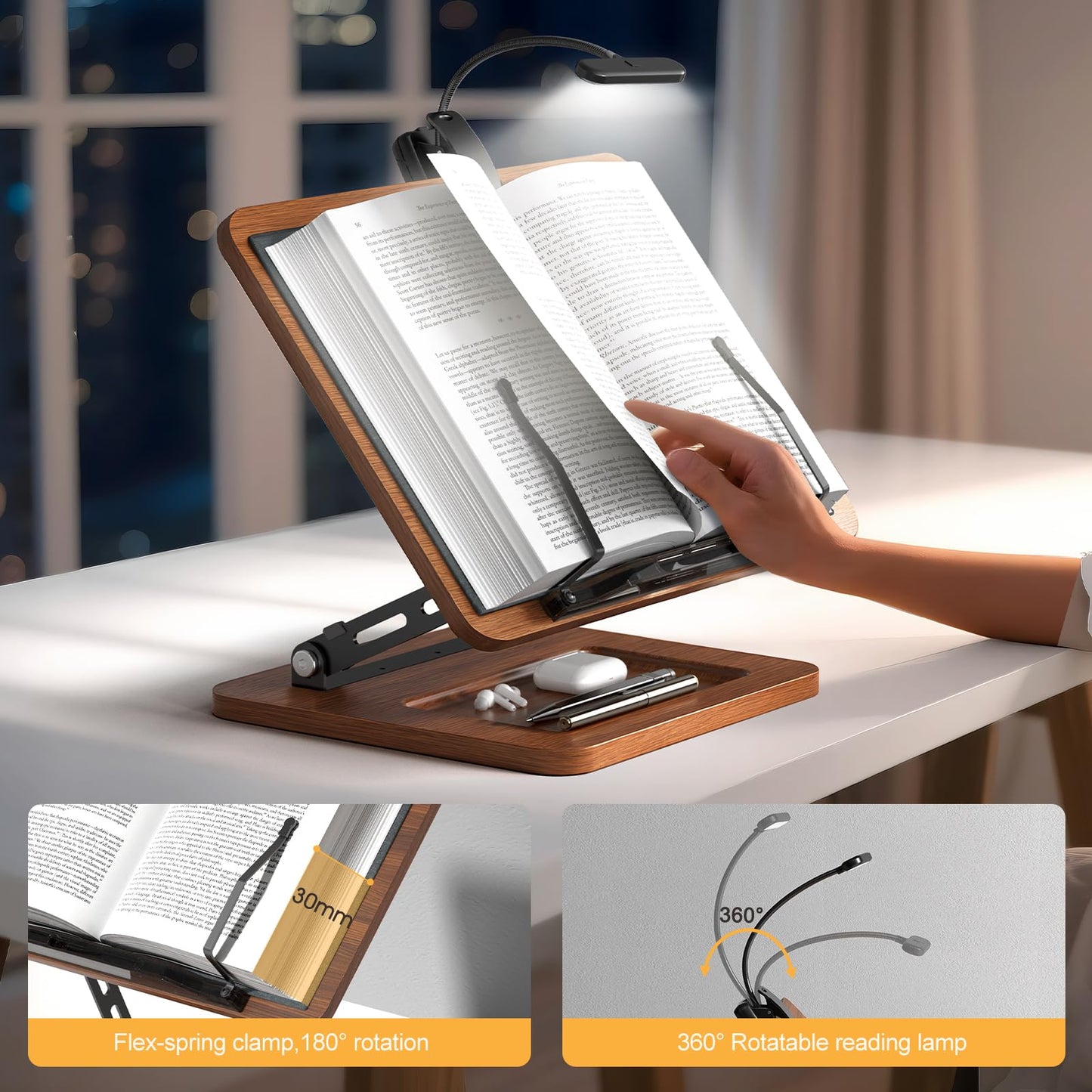 OPTIXCELL Book Stand for Reading with Light, Book Holders for Reading Hands Free, Adjustable Height & Angle, Fits Cookbook Recipe, Textbook, Foldable for Kitchen, Office, School,Gift for Book Lovers