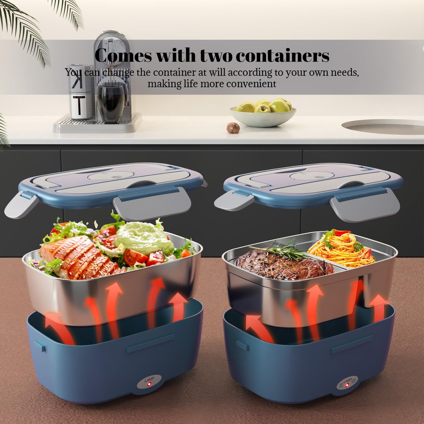 Sitlais Electric Lunch Box for Adults - Fast Heating Portable Food Warmer with 2 of 53oz 304 Stainless Steel Containers 12V/24V/110V Heated Lunch Box for Men&Women Work Office Truck Travel lonchera