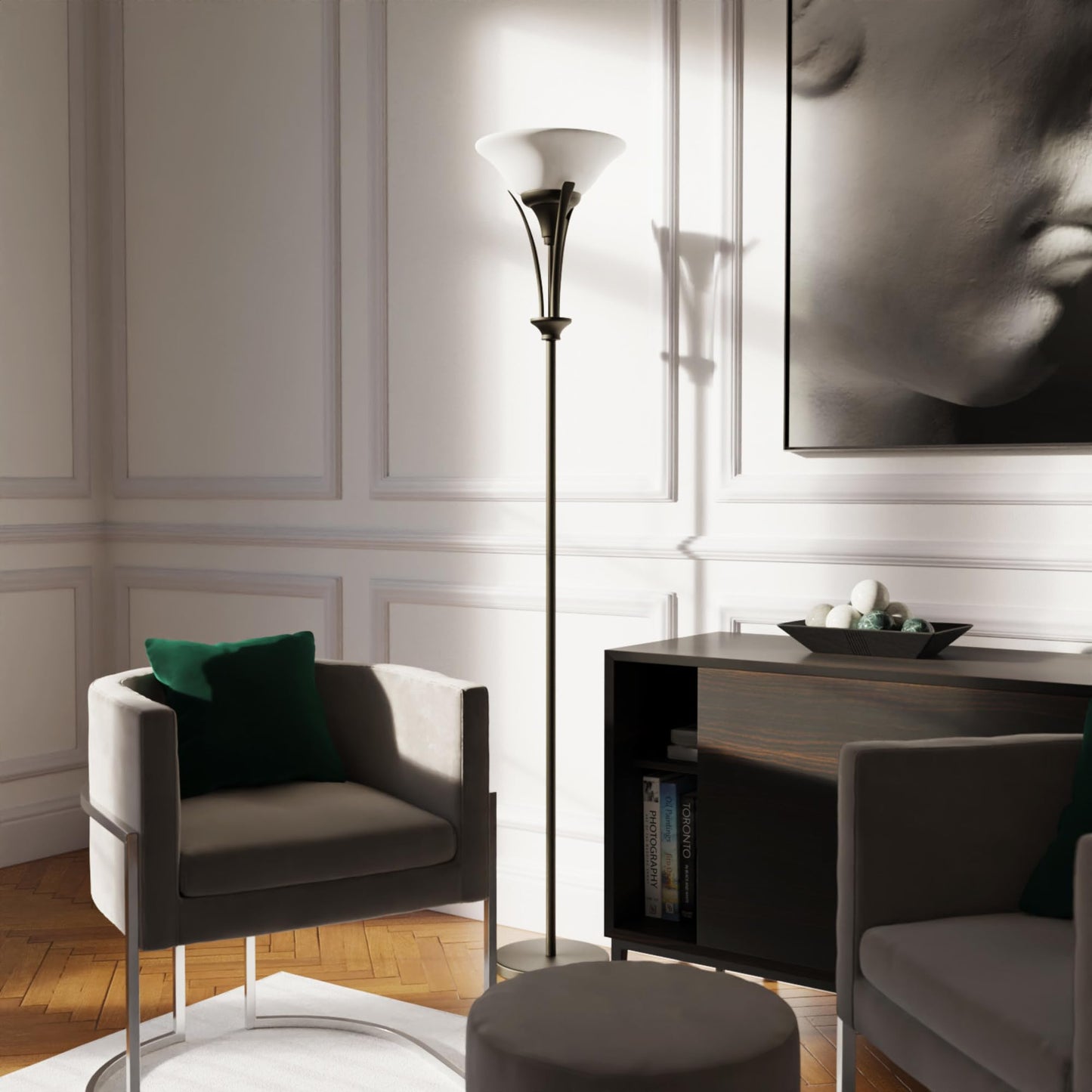 Globe Electric 63361 Gatineau 71" Dark Bronze Floor Lamp with Alabaster Glass Shade