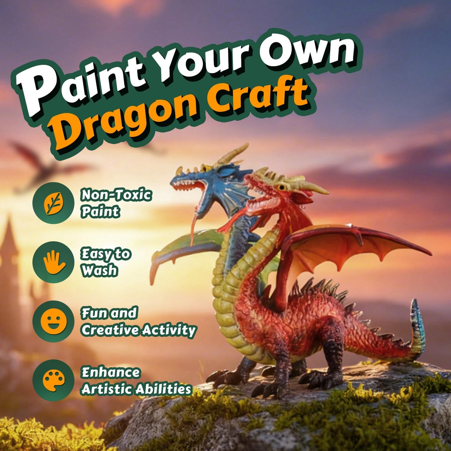 Solday Dragon Toys Painting Kits for Kids Arts and Crafts Ages 3 6 5 7 9 12 Boys Girls to Paint Your Own Paintable Figurines Birthday Party Supplies - Twin Head Dragon