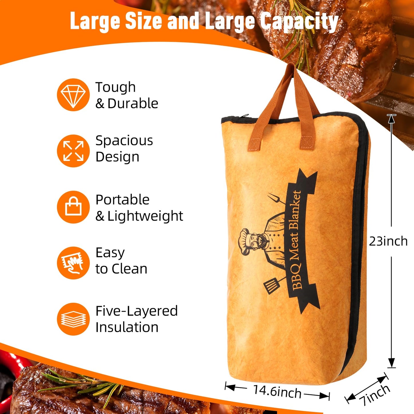 BBQ Blanket for Resting Meat-Air Fryer/Dough/Kitchen/Smoker Accessories Party Picnic Camping-Insulated Bag for Brisket/Pork Shoulder/Turkey-Anniversary Birthday Gift for Men (23in)