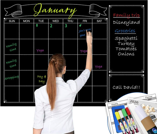 Extra Large chalkboard calendar for wall, 38x50 inch big black chalk board calendar, jumbo Monthly Laminated whiteboard calendar, huge erasable dry erase calendar planner