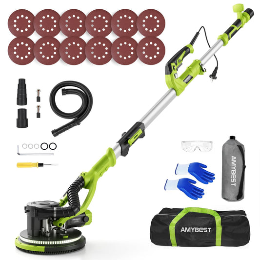 AMYBEST Drywall Sander, Powerful Electric Drywall Sander with Vacuum Dust Collection, 5 Speed 1000-2100 RPM, Popcorn Ceiling Remover, LED Light & 12 Sanding Discs, Extendable Handle (GREEN)